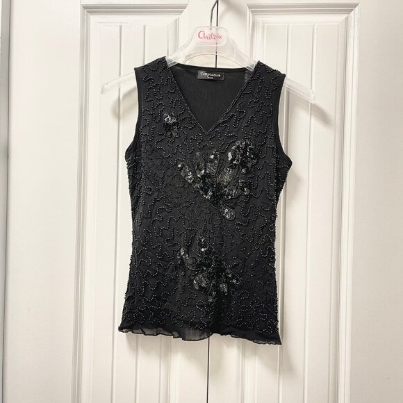 Vintage Tops - Vintage Embellished Sequin Sleeveless Top Black